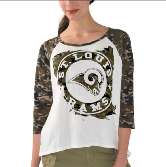 NFL Tops - Throwback St. Louis Rams G-III 4Her Camo Sleeve T-Shirt